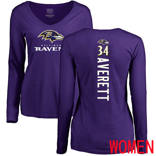 Baltimore Ravens Purple Women Anthony Averett Backer NFL Football #34 Long Sleeve T Shirt